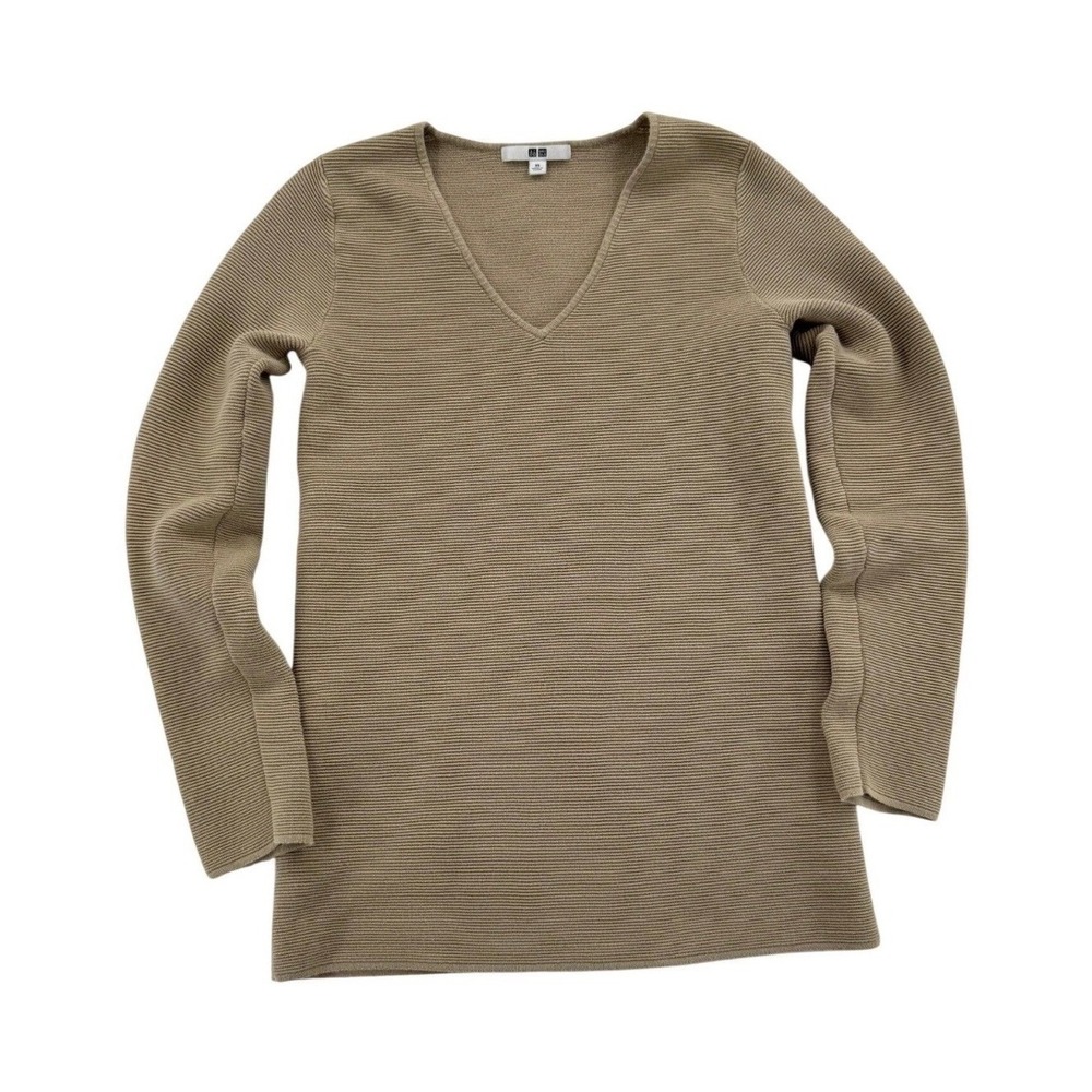 Uniqlo Ribbed V-Neck Sweater Women XS Tan Beige Excellent Cotton Long Sleeve